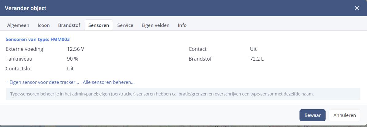 Het Sensoren-tabblad van een object