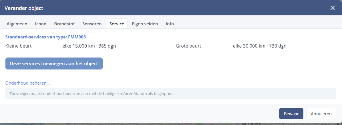 Het Service-tabblad met standaard-services voor het trackertype