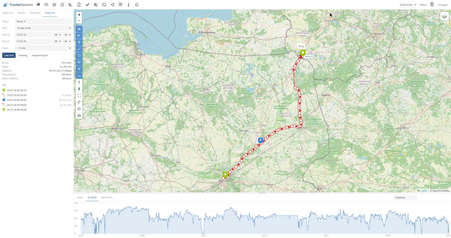 Historie in Portaal V4.0: een afgelegde route met stops en de snelheidsgrafiek