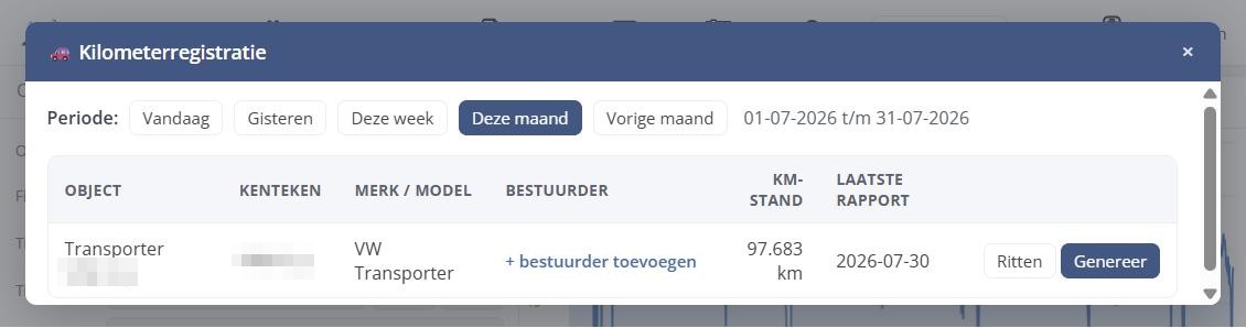 Kilometerregistratie in Portaal V4.0 met periodekeuze en de Genereer-knop